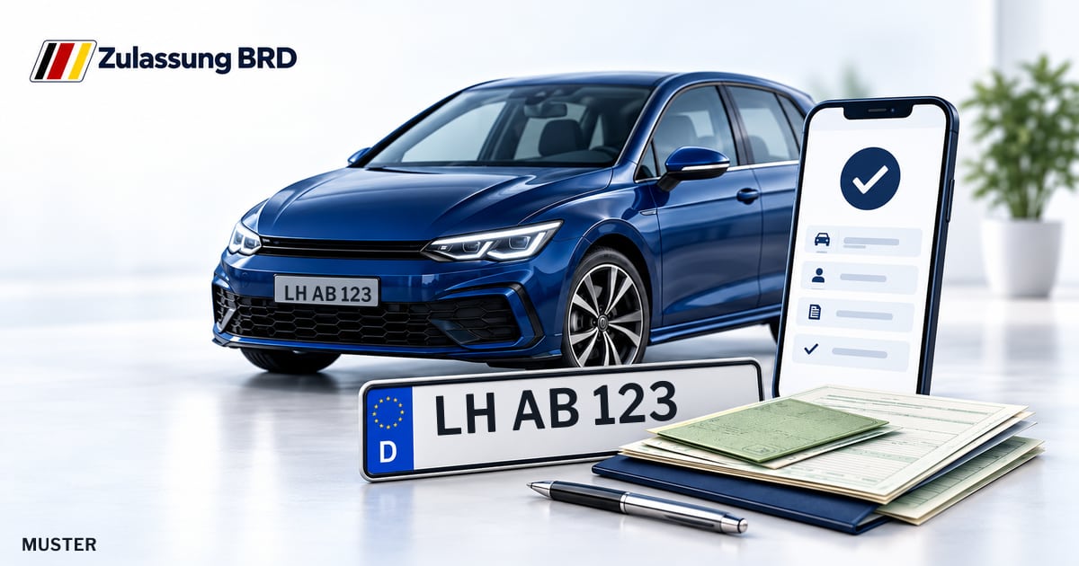 Online Fahrzeugzulassung in Lüdinghausen: Musterkennzeichen LH AB 123, Auto und Fahrzeugpapiere und Smartphone. Illustration mit Logo von Zulassung BRD.